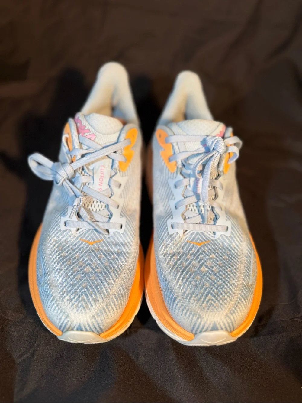 Hoka Women’s Clifton 9 Light AiryBlue with Orange Accents Athletic Running Shoes - Picture 1 of 7